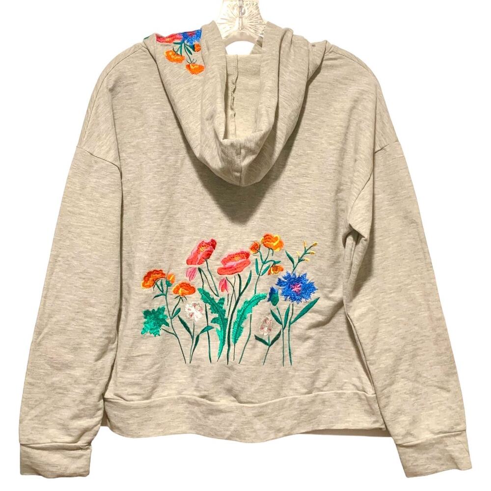 Embroidered Hoody Wildflowers Cropped Boho Cottage Gray M L XL Almost Famous